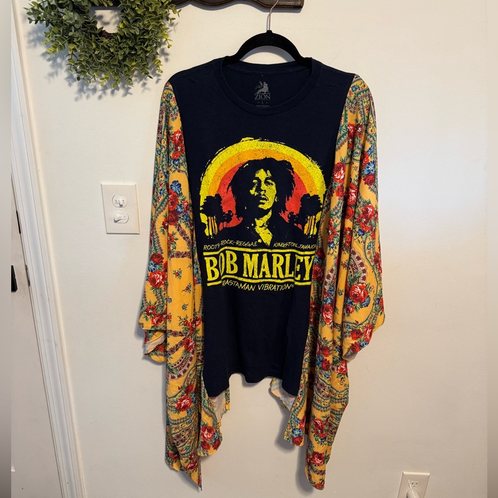 Bob Marley Graphic Women’s Top with Floral Sleeves